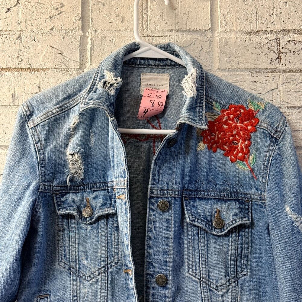 American Eagle Embroidered Denim Jacket Distressed Floral Jean Jacket - Picture 2 of 12